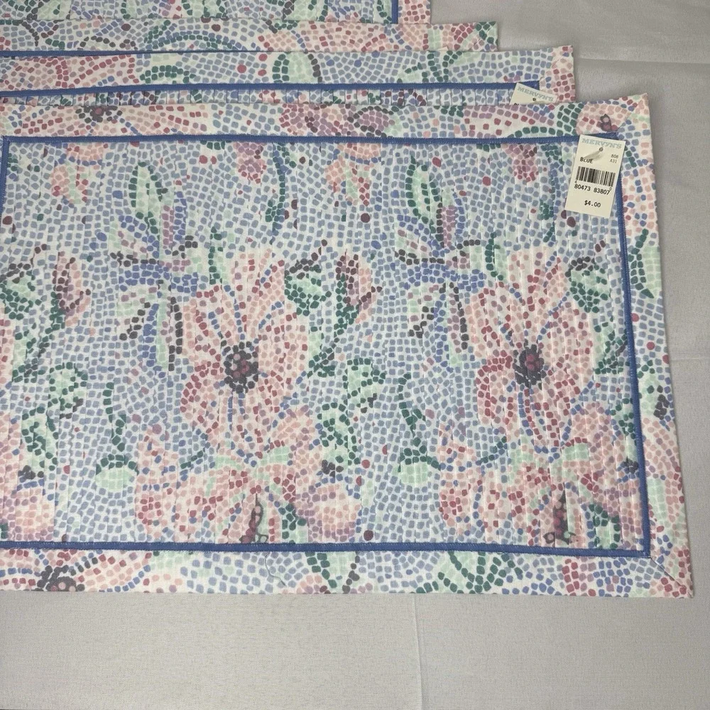 Mervyns Set Of 6 Cotton‎ Poly Pastel Pleated Placemats Retro Floral Blue Pink